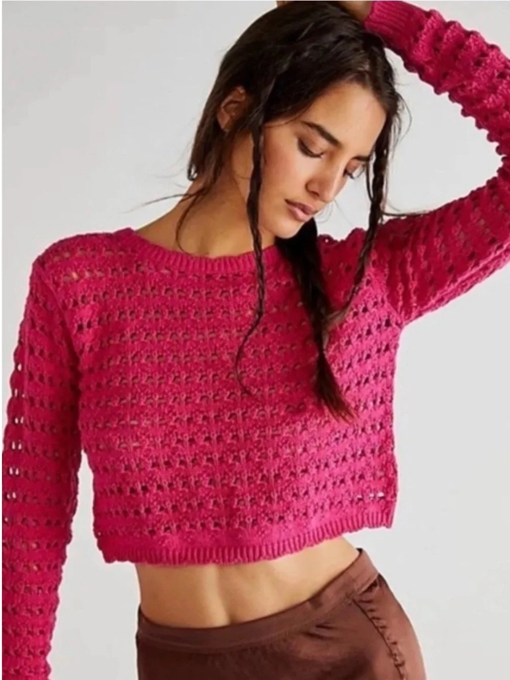 Free People Beach Hot Pink Knit Crochet Tie Back Sweater Boho Coastal Top